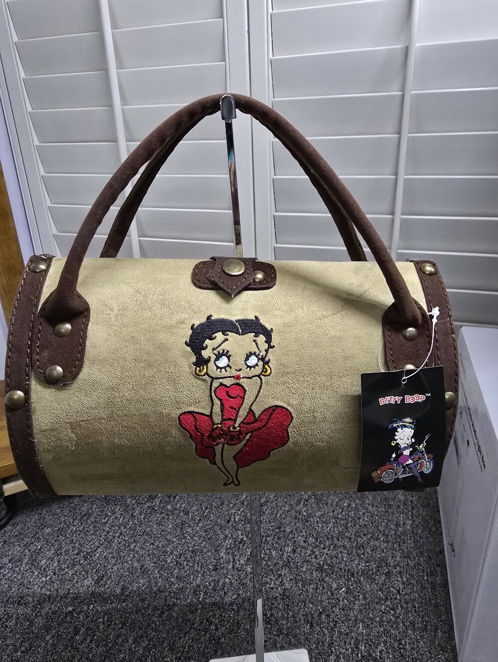 Betty Boop Faux Suede Tan Wood Barrel Bag with Red Embroidered Accent (NWT)
